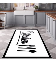 Beyaz Kitchen Yazılı Yıkanabilir Kaymaz Taban Leke Tutmaz Modern Salon Halısı ve Yolluk (Beyaz-Siyah)
