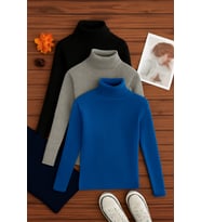3'lü Paket Kadın Basic Tam Balıkçı Yaka Kazak (Siyah-Gri-İndigo)
