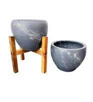 Bitki Tasarımı Gri Üzeri Beyaz Mermer Efektli Toprak Saksı Saksılık Salon Çiçeklik İkili Set Ayaksız - 4 Ayaklı- 15 Cm