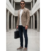 Bej Mono Yaka Örme 6 Drop Slim Fit Ceket 1002260152