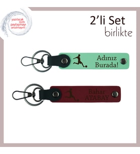 Futbol Sevgisiyle Hazırlanan Deri Anahtarlık, Kişiye Özel İsim Yazılabilir Set, Açık Yeşil-Bordo