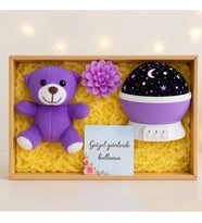 Mor Peluş Ayıcık & Star Master Yıldızlı Gece Lambası & Lotus Mum Kutulu Hediye Seti Romantik Hediye