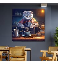 Kare Kanvas Kahve Köşesi Cafe Tablosu Barista Scottish Fold