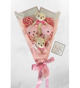 Pembe Şekerli Peluş Ayıcık Buketi - Sevgiliye Eşe Yıldönümü Doğum Günü Kadınlar Günü Hoşgeldin Bebek Hediyesi
