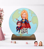 BK Gift Kişiye Özel Süper Anne ve Çocuk Karikatürlü Yuvarlak Ahşap Standlı Biblo-1