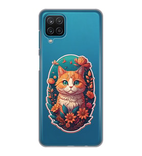 Samsung Galaxy M32 Uyumlu Çiçek ve Kedi Tasarımlı Şeffaf Telefon Kılıfı