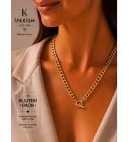 İpekish Gold Kalın Zincir Kolye Toggle Kilit Detaylı, Unisex, Bijuteri Kolye