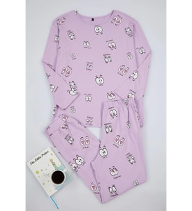 Tarz Rahat Uzun Kollu Boru Paça %100 Pamuklu Göz Desenli T-shirt-Jogger Örme Pijama Takımı (Lila)