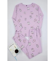 Tarz Rahat Uzun Kollu Boru Paça %100 Pamuklu Göz Desenli T-shirt-Jogger Örme Pijama Takımı (Lila)