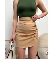 Yanı büzgülü etek camel s24718