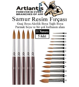 Resim Fırçası 11 Numara 5 li 1 Paket Samur Yuvarlak Uçlu Fırça Seti Guaj Sulu Akrilik Yağlı Boya Fırçaları (Naturel)