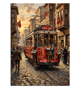 Kırmızı Tramvaylı İstiklal Caddesi Taşlı Dekoratif Kanvas - Mdf Ahşap Tablo