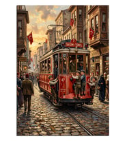 Kırmızı Tramvaylı İstiklal Caddesi Taşlı Dekoratif Kanvas - Mdf Ahşap Tablo