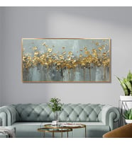 Yağlı Boya Dokulu Tablo Soyut Altın Çiçekler Altın Çerçeveli U02036