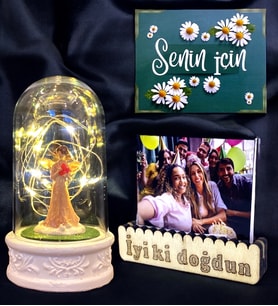 Kişiye Özel Fotoğraflı Led Işıklı Fanus Hediye Seti / Şans Melekli Doğum Günü Hediyesi