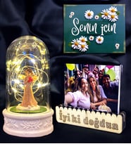 Kişiye Özel Fotoğraflı Led Işıklı Fanus Hediye Seti / Şans Melekli Doğum Günü Hediyesi