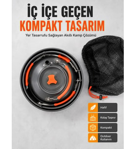 Kompakt Kamp Yemek Seti Alüminyum Tencere Tava Çaydanlık Taşıma Fileli Outdoor Set