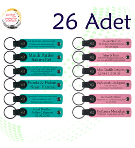 Koyu Turkuaz & Pembe, 26’lı Set, İsim Yazılabilen Deri Anahtarlık, Türkçe Öğretmeninden Karne Anısı