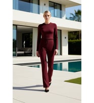 Kadın Alt Üst Düz Renk Fit Kesim Uzun Kollu Crop Üst Rahat Kalıp Geniş Paça Örme Pantolon Takımı (Bordo)