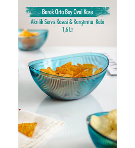 Akrilik Barok Aquamarin Orta Boy Oval Meyve & Salata Kasesi & Karıştırma Kabı / 1,6 Lt  (CAM DEĞİLDİR)