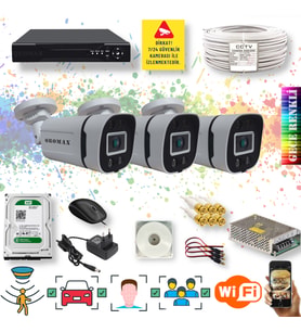 3 Kameralı Set Yapay Zeka Özellikli Gece Renkli 5MP SONY Lens FULLHD Güvenlik Kamerası Seti 604W-104