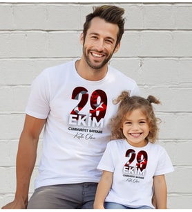 BK Gift 29 Ekim Tasarımlı 2’li Baba-Kız Beyaz Tişört-3, 29 Ekim Hediyesi, Trend Tişört, 100.Yıl Hediyesi