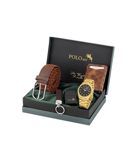 Polo Air Erkek Kol Saati Otomatik Mekanizmalı Cüzdan Esnek Kemer Anahtarlık Çakmak Gold Taba Renk PL-7064E4