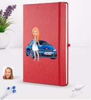 BK Gift Kişiye Özel Plakalı Kadın Volkswagen Scirocco Karikatürlü Kırmızı Termo Deri Defter 16x24cm Model 1