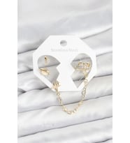 Pirinç Gold Renk Uzay Model Zincir Bağlantılı Ear Cuff Küpe Seti 5886 - 1OL4619-9573