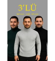 Erkek Fitilli Triko Kazak 3lÜ Set Gri Haki Siyah Regular Balıkcı Yaka Tam Boğazlı Triko Seti Modeli Kazak