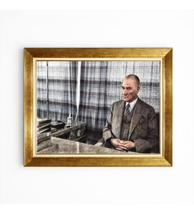 Tablore Mustafa Kemal Atatürk Çalışma Masası Temalı Altın Varak Çerçeveli Ofis Duvar Tablosu