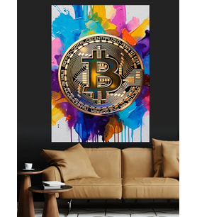 Renkli Soyut Bitcoin Logosu Dekoratif Kanvas - Mdf Ahşap Tablo