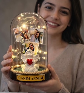 Anneler Günü Hediyesi Kişiye Özel 3 Fotoğraflı Led Işıklı Melek Annem Temalı Fanus