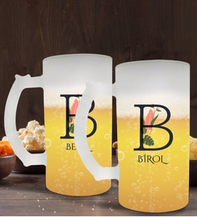 BK Gift Kişiye Özel Baş Harfli İsimli 2’li Buzlu Cam Bira Bardağı 50cl-10 (Beyaz)