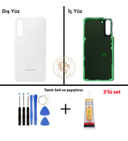 Samsung Galaxy S21 Beyaz Renk Arka Kapak + Tamir Seti + B7000 Yapıştırıcı Arka Cam Batarya Kapağı Pil Kapağı Lazer Kesim Back Cover Galaxy S21 Uyumlu