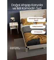 Ebruli̇ Model Yatay Başlıklı Masif Ahşap Karyola ve 2 Adet Komodin Kolay Kurulum Fırınlanmış İthal Sibirya Çamı 180x200 Yatak Uyumlu 2 Adet Komodin