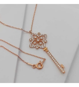 Gümüş Zirkon Taşlı Anahtar Kolye 925 Ayar (Karışık)