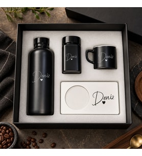 BK Gift Kişiye Özel İsimli Siyah Cam Suluk & Kahve Fincanı & Türk Kahvesi & MDF Bardak Altlığı - Hediye Kutulu Siyah Set-5