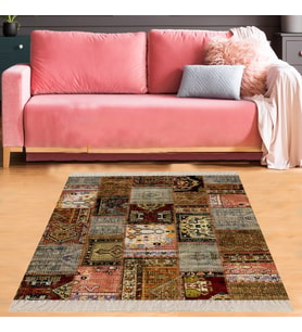 Patchwork Kırkyama Desenli Dijital Baskı Yıkanabilir Kaymaz Taban Etnik Salon Halısı (Kahverengi)