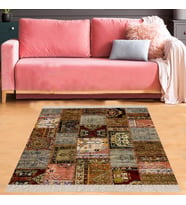 Patchwork Kırkyama Desenli Dijital Baskı Yıkanabilir Kaymaz Taban Etnik Salon Halısı (Kahverengi)