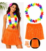 Neon Turuncu Hawaii Etek 40 cm ve Rengarenk Hawaii Kolye