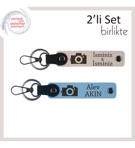 Deklanşörle Gelen Aşk, Kamera Temalı, İsme Özel Yazılı Anahtarlık Takımı, Pudra-Gök Mavi
