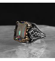 Topaz Taşlı 925 Ayar Gümüş Orijinal Yüzük Erkek Takı Mücevher (Siyah-Kırmızı)