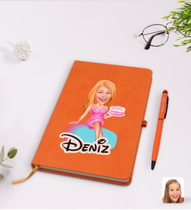 BK Gift Kişiye Özel Kadın Doğum Günü Karikatürlü Turuncu Termo Deri Defter Kalem Seti Model 2