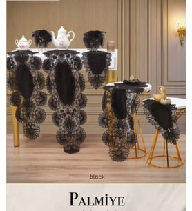 Palmiye Model Siyah Keten Masa Örtüsü Runner Seti Çeyizlik Salon Takımı 5 Parça Şık Tasarım