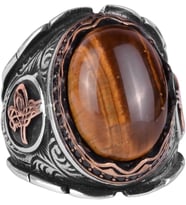 El Yapımı Cabochon Kaplan Gözlü Taş Yüzük, 925K Katı Gümüş Erkek Yüzüğü, Cesur Tasarım, Osmanlı Tuğra Yüzüğü