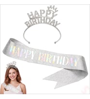 Happy Birthday Taç ve Kuşak Seti - Gümüş