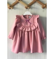 FIRFIR VE KURDELE DETAYLI TASARIM KREP PUDRA PEMBE KIZ ÇOCUK BEBEK ELBİSE