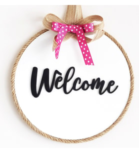 Welcome Yazılı Kurdeleli Ahşap Beyaz Kapı Süsü