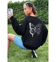 Unisex Drawing Butterflies Baskılı Bisiklet Yaka Sweatshirt (Siyah)